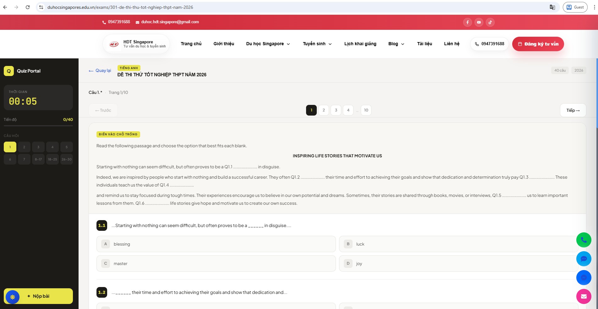 Bài kiểm tra tiếng Anh đầu vào du học Singapore miễn phí tại HDT